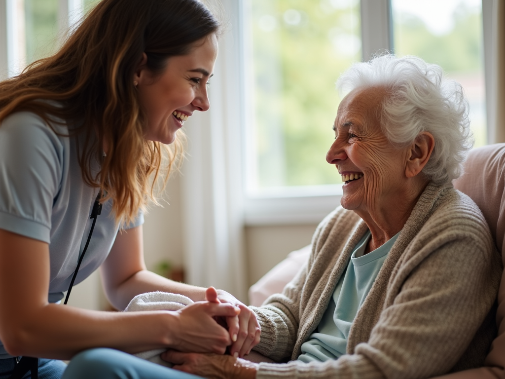 Student volunteering at a nursing home, connecting with an elderly resident.
