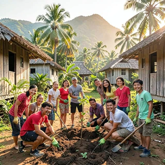 Group of international volunteers collaborating on a community project abroad
