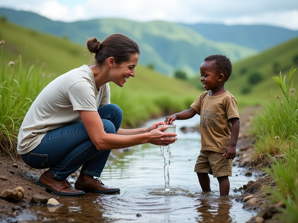 Volunteer providing clean water to a child