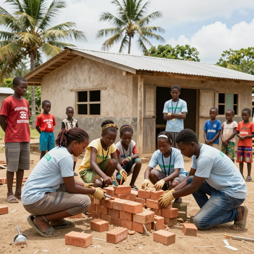 International volunteers building a school in a rural village community project