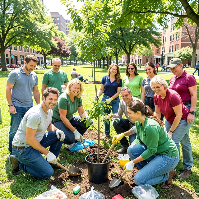 Volunteers engaging in community cleanup and tree planting in a park