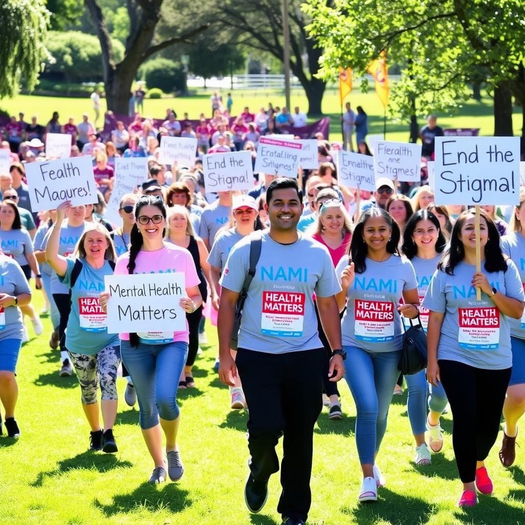 A crowd of people walking together at a NAMIWalks event in a sunny park, holding mental health awareness signs.