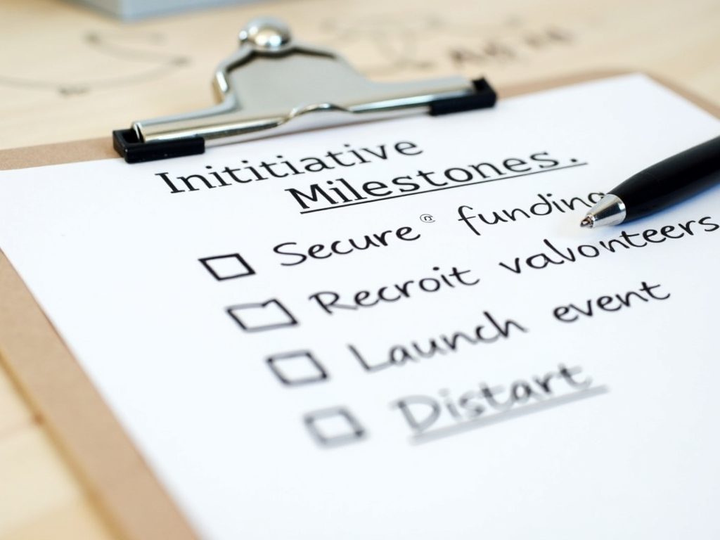 A clipboard with a checklist of initiative milestones, some items checked off, with a calendar in the background.
