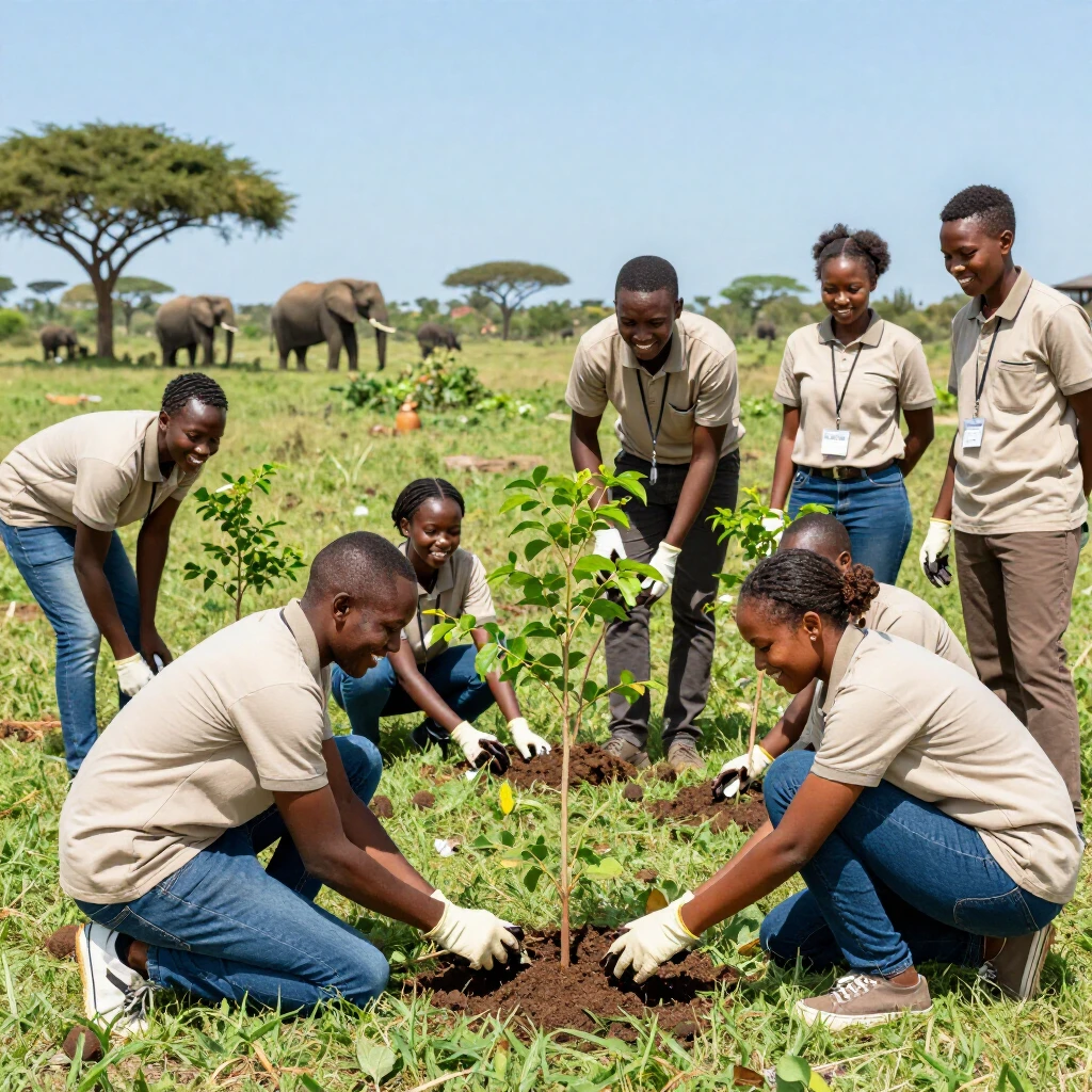 Volunteers planting trees in African savanna