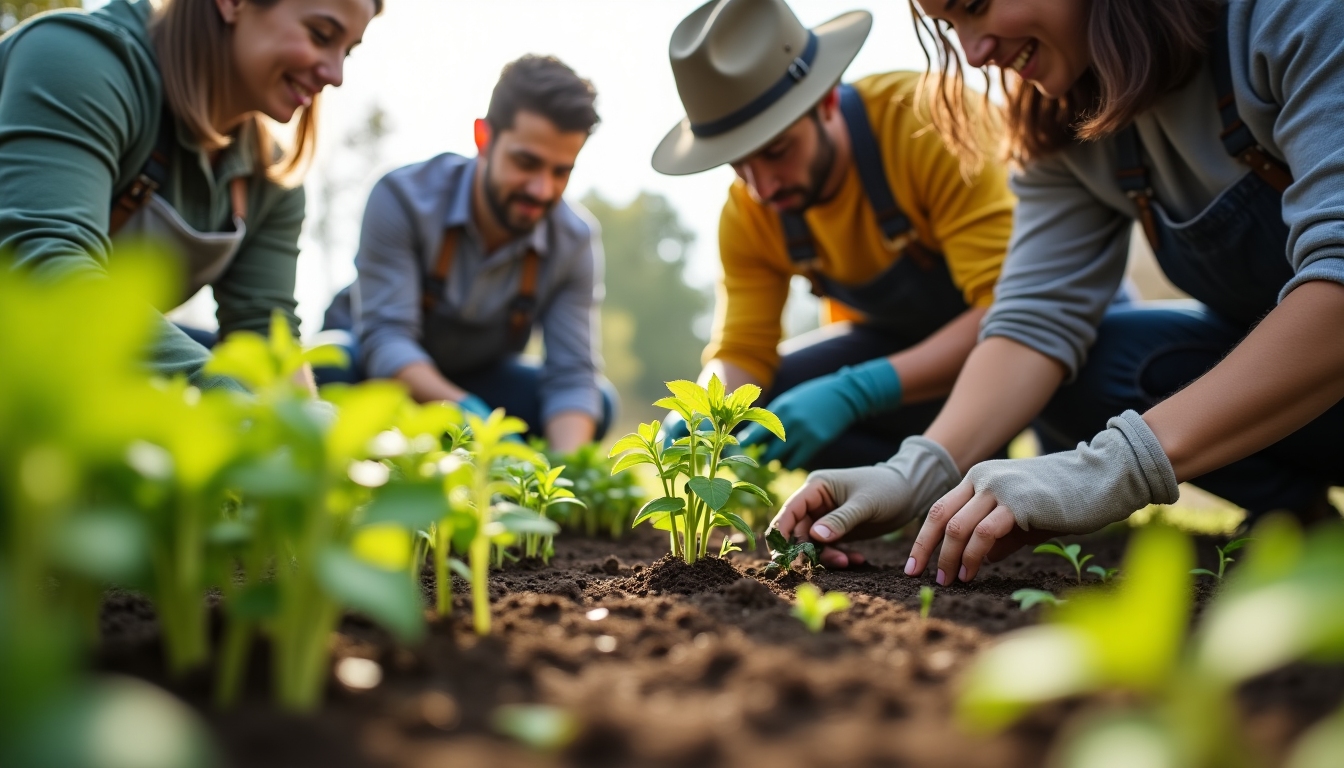 Volunteers at a building site for an urban garden, showcasing teamwork and environmental dedication.