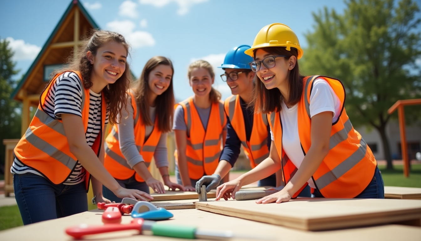 Students building a playground.