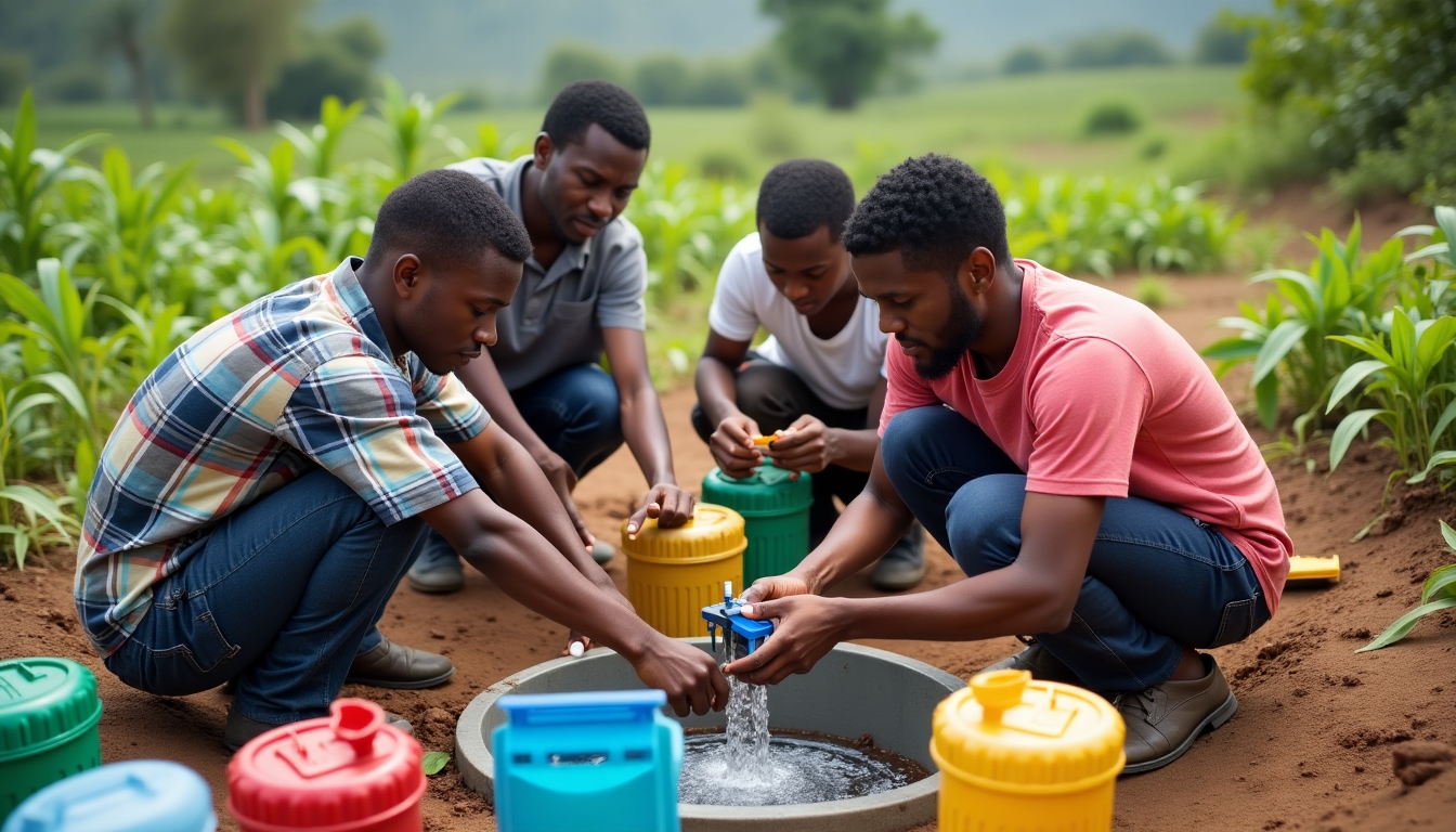 Local community gathering around a water filtration system, showcasing collaboration in advocacy.