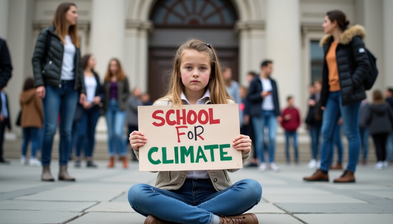 Young activist starting a climate strike outside a government building.