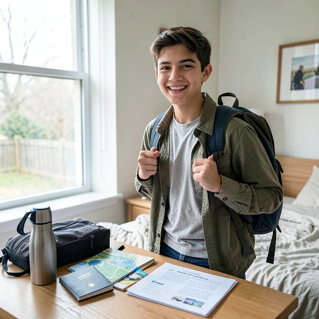 Young student preparing backpack for first volunteer trip abroad