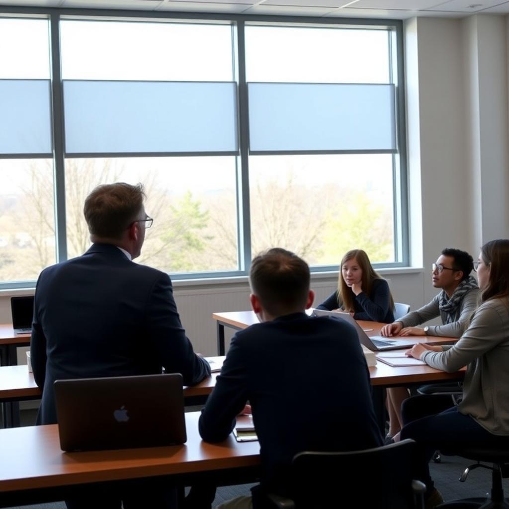 A professional mentoring high school students in a classroom setting.
