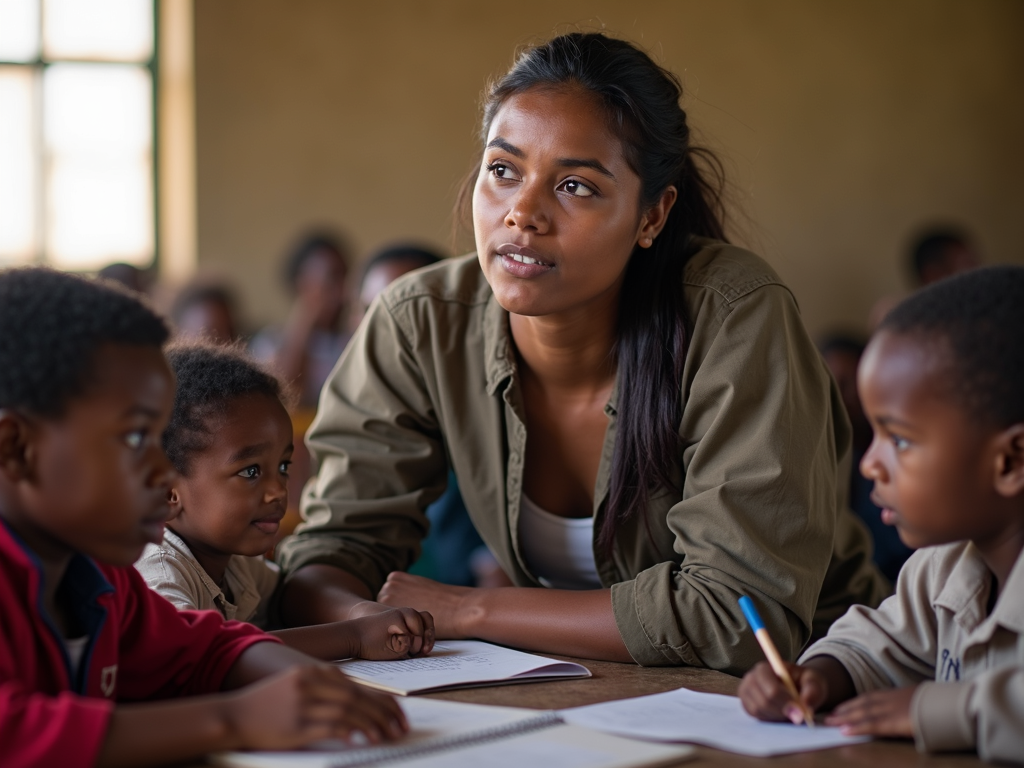 Volunteer teaching children in a developing country.