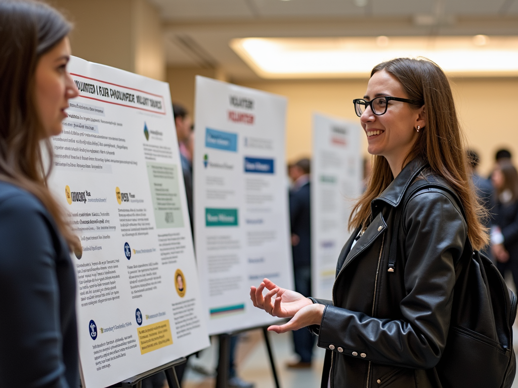 College student presenting at a volunteer fair, showcasing the benefits of volunteering.
