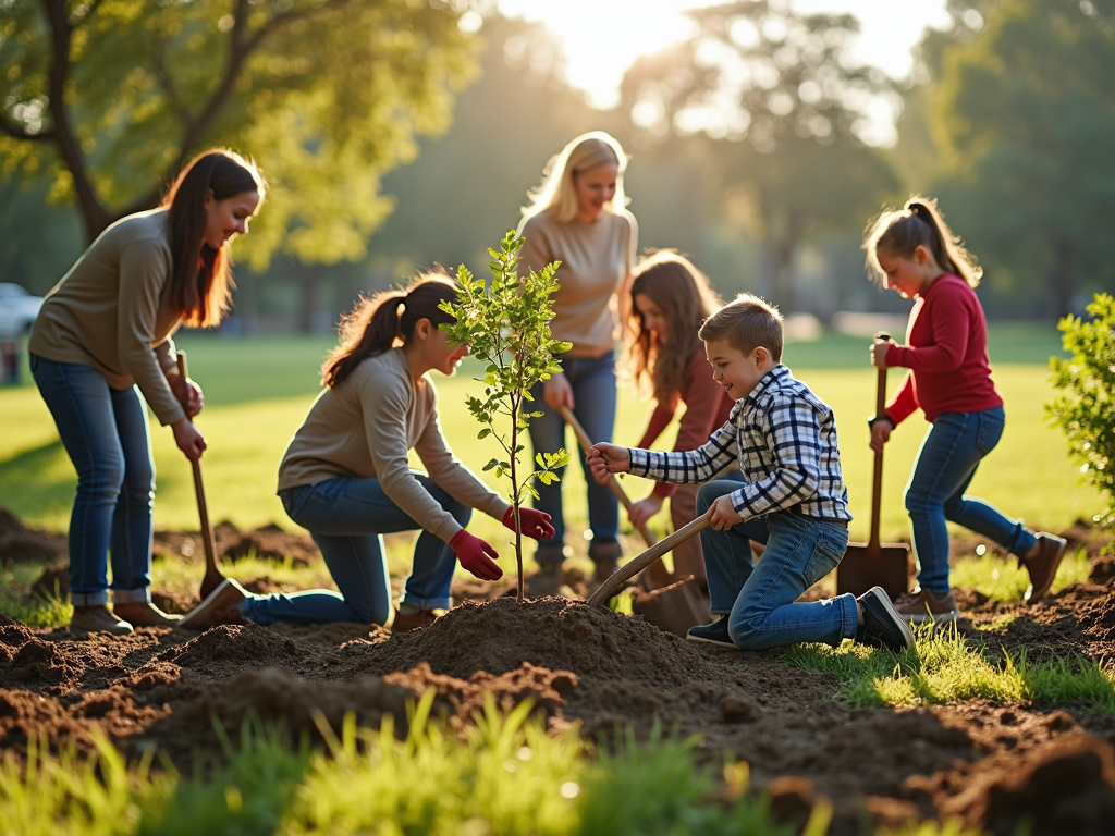 Volunteers planting trees in a park