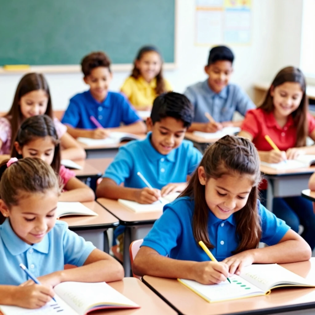 Diverse high school students tutoring younger children in a classroom