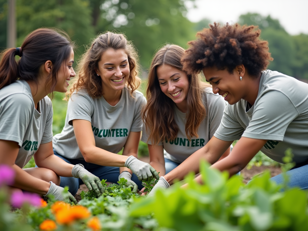 College students volunteering in a community garden, planting together.
