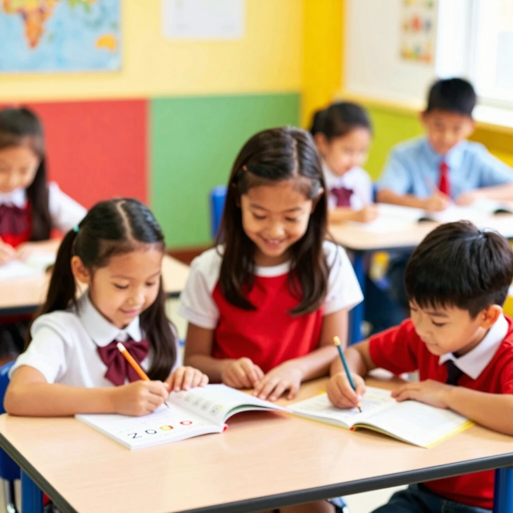 College students tutoring young children in a classroom