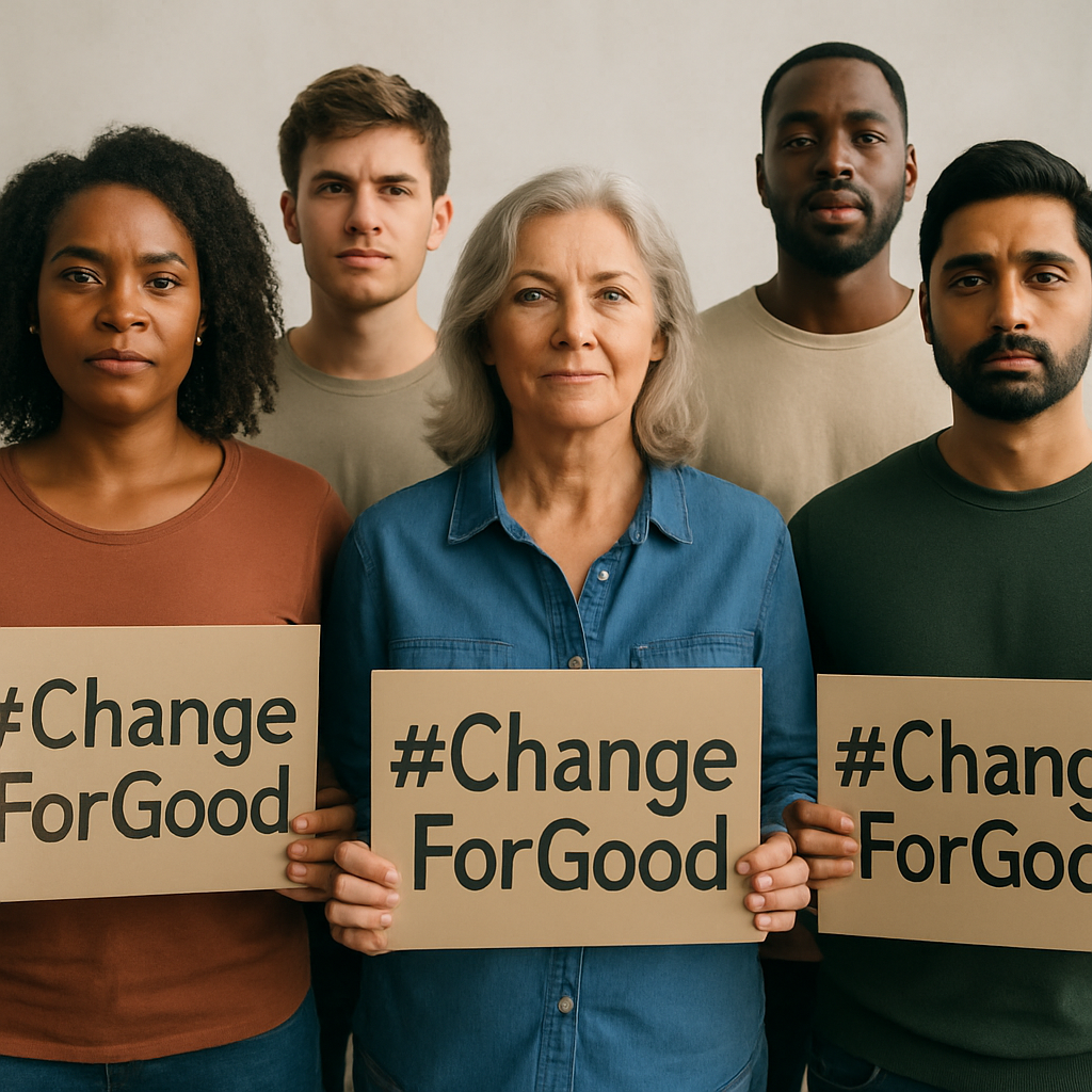 Group of activists holding #ChangeForGood signs