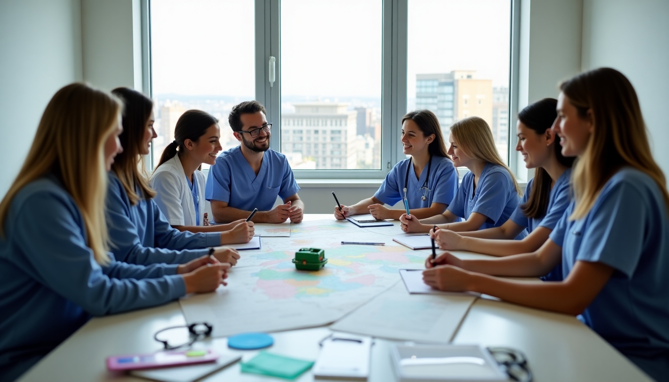 A diverse group of healthcare professionals planning their volunteering journey.