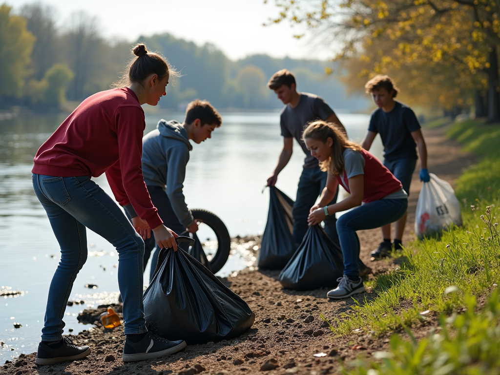 Teens cleaning a riverbank during a service learning project