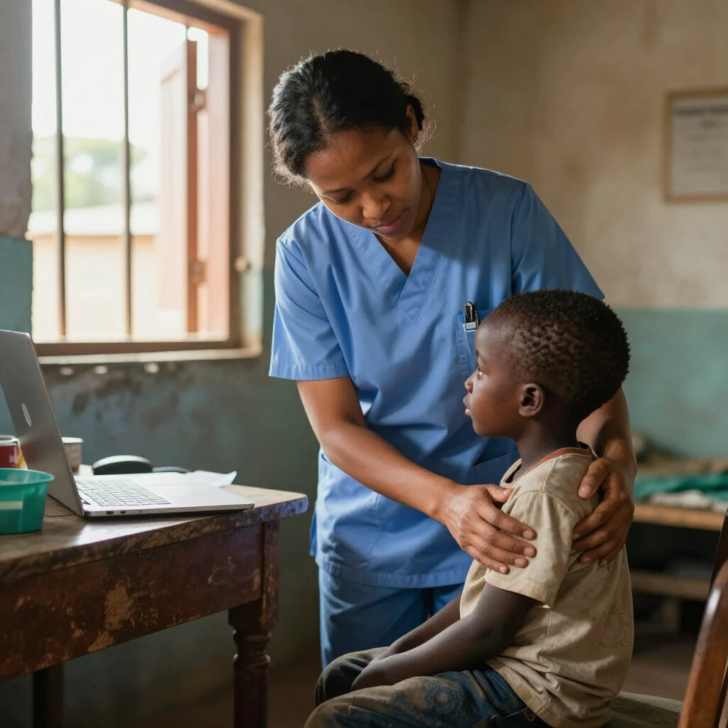 Nurse providing care to a child in a rural clinic abroad