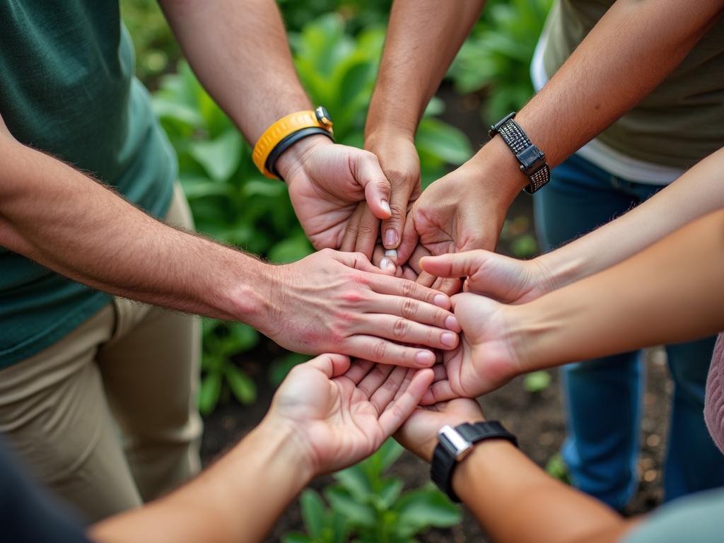 Volunteers united in a circle, embodying the spirit of community and connection through service.