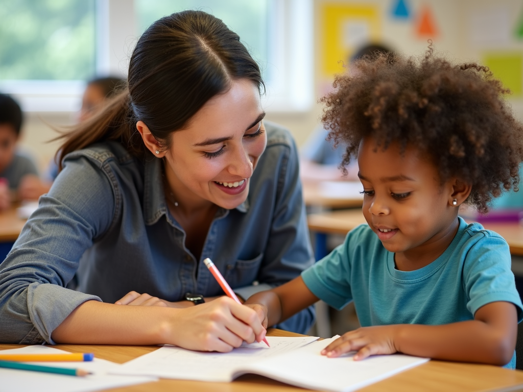 Student tutoring a child in a classroom