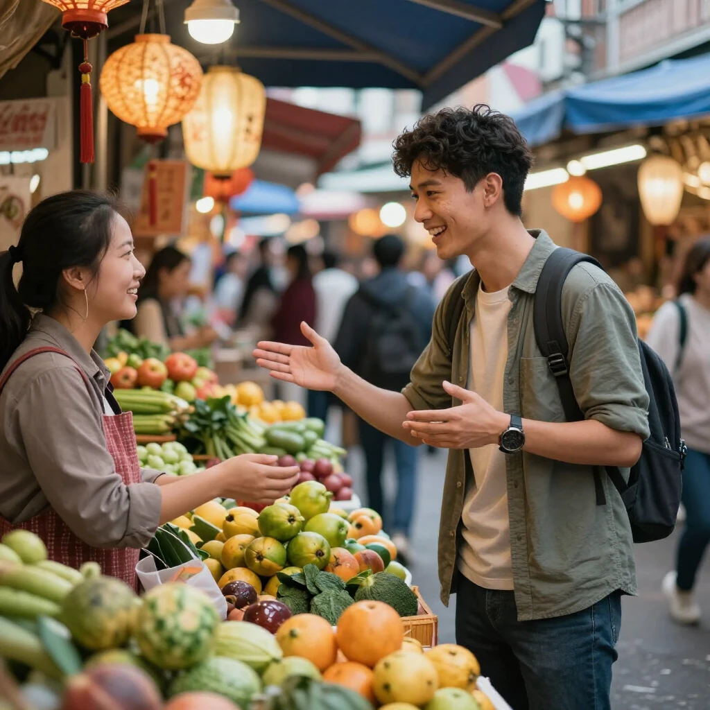 Volunteer speaking local language while shopping at an Asian market