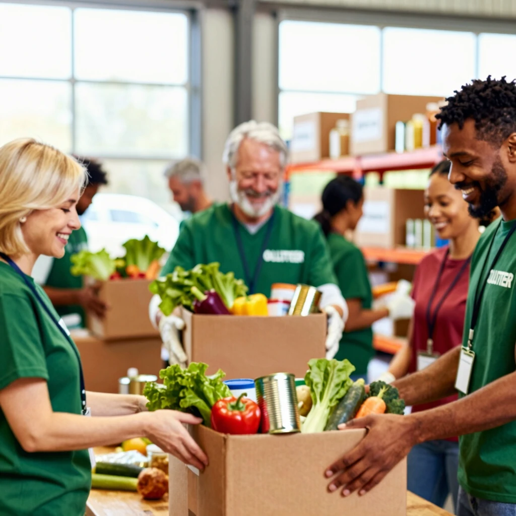 Volunteers packing food donations at a local community pantry