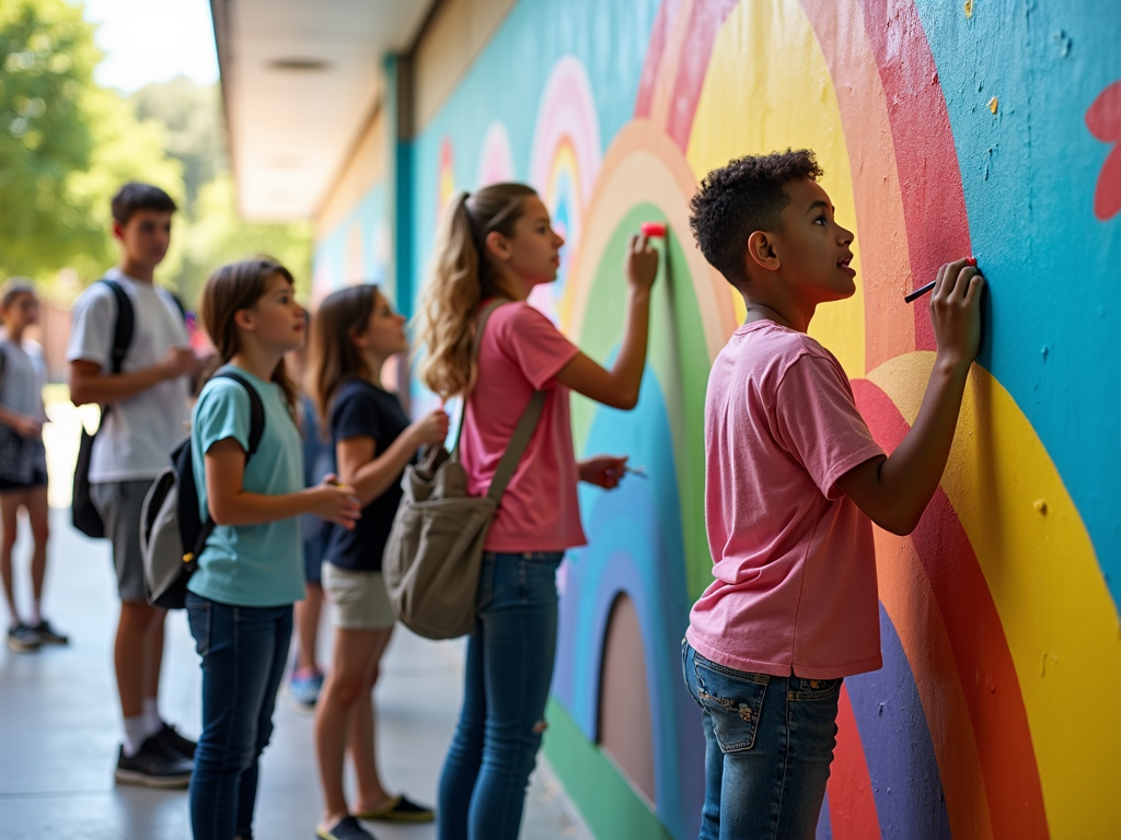 Students painting a mural at a school.