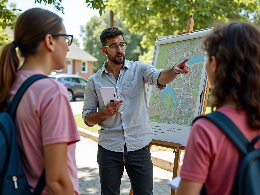 Educator guiding students in planning a service-learning project outdoors.