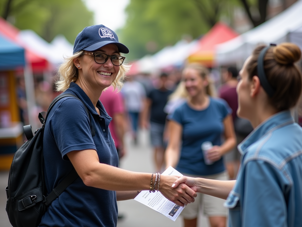 Volunteer distributing flyers at a street fair