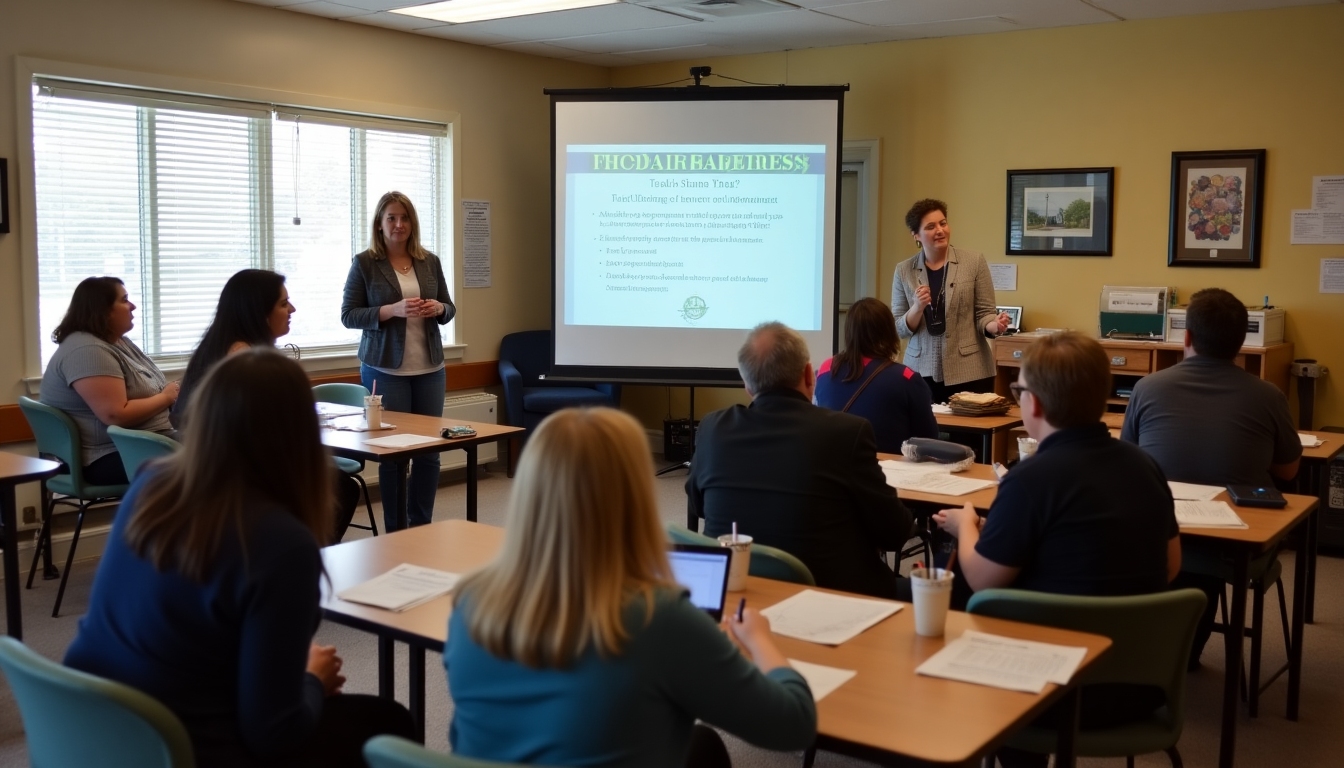 A group of community volunteers attending a financial literacy workshop in a cozy community hall.