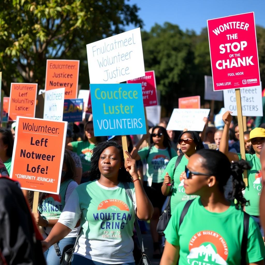 Diverse group of volunteers at an advocacy rally holding signs for a community cause.