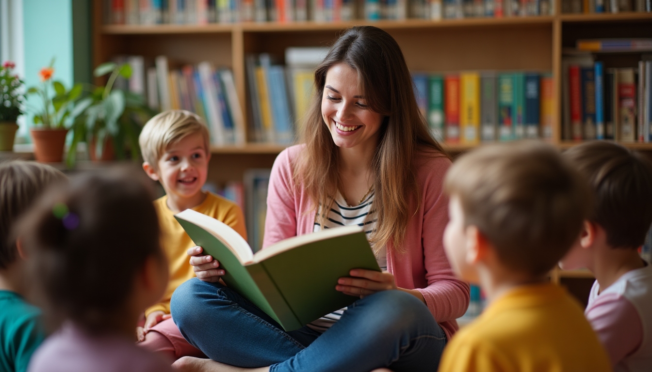 A volunteer reading to children in a library, highlighting the warmth of civic engagement.