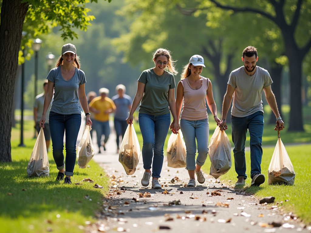 Volunteers cleaning up a park, collecting trash.