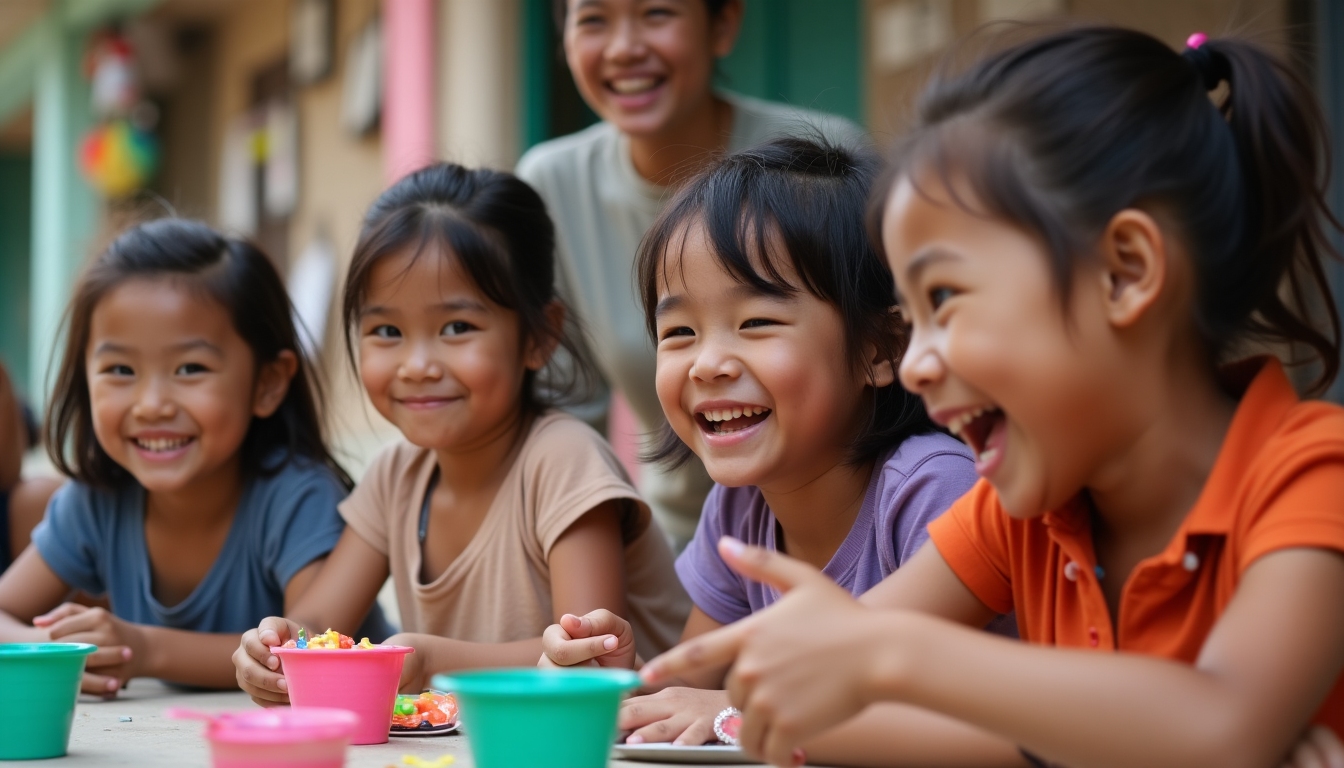 A small group of volunteers and children gathering happily in a rural area.