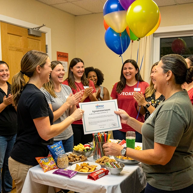 Volunteer receiving recognition and applause during a team appreciation event
