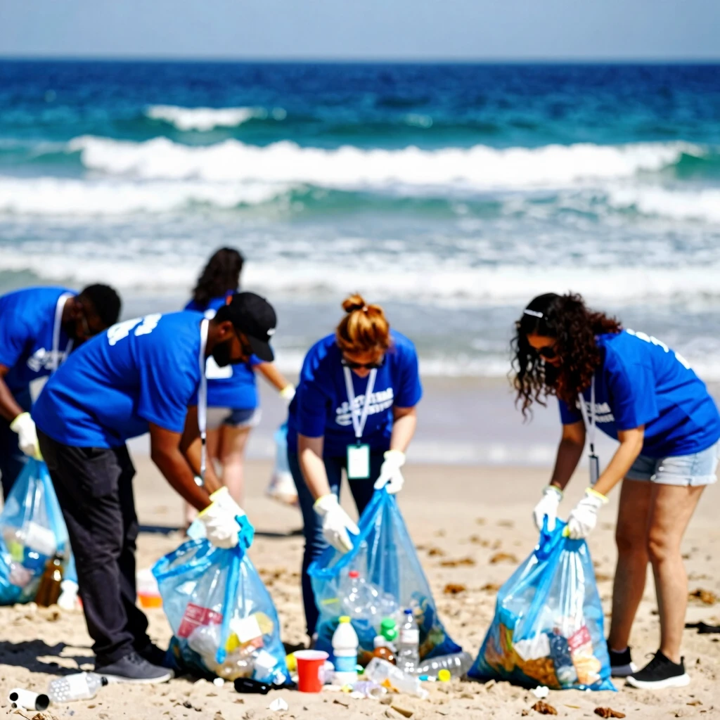 Volunteers conducting a beach cleanup, removing plastic pollution from the shore