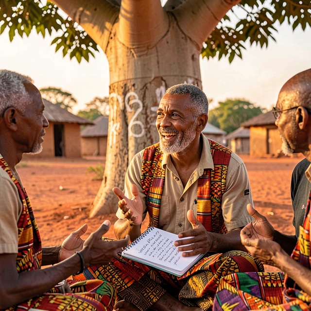 Volunteer learning Twi language from local elders in a Ghanaian village