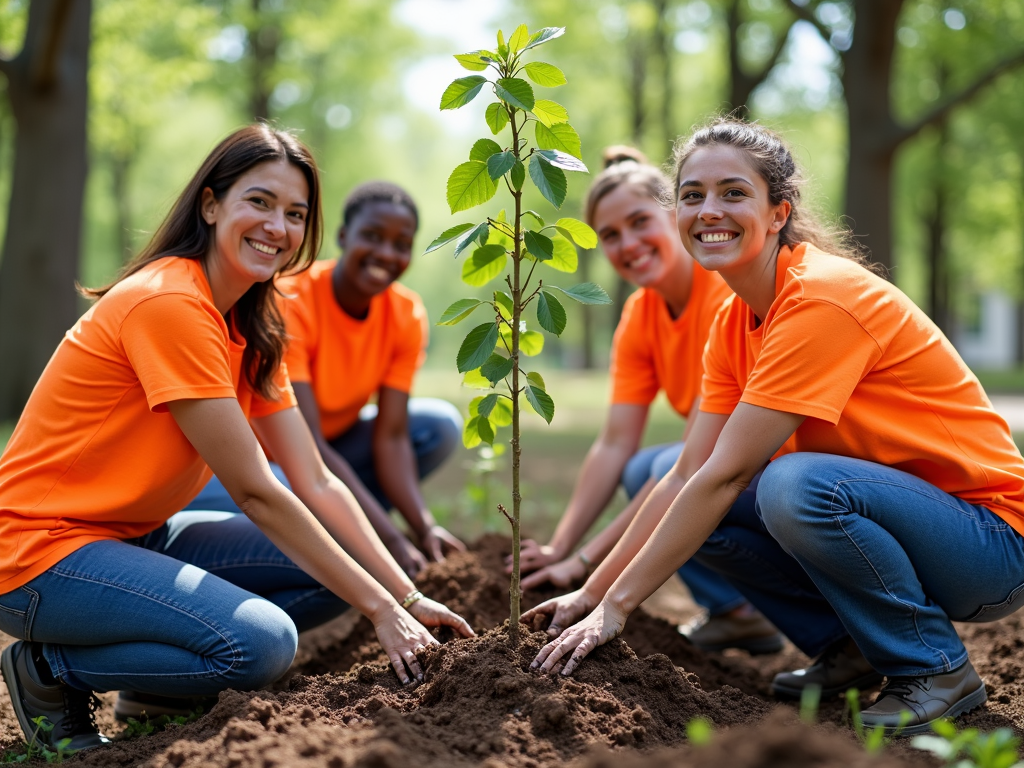 Volunteers planting trees in a park
