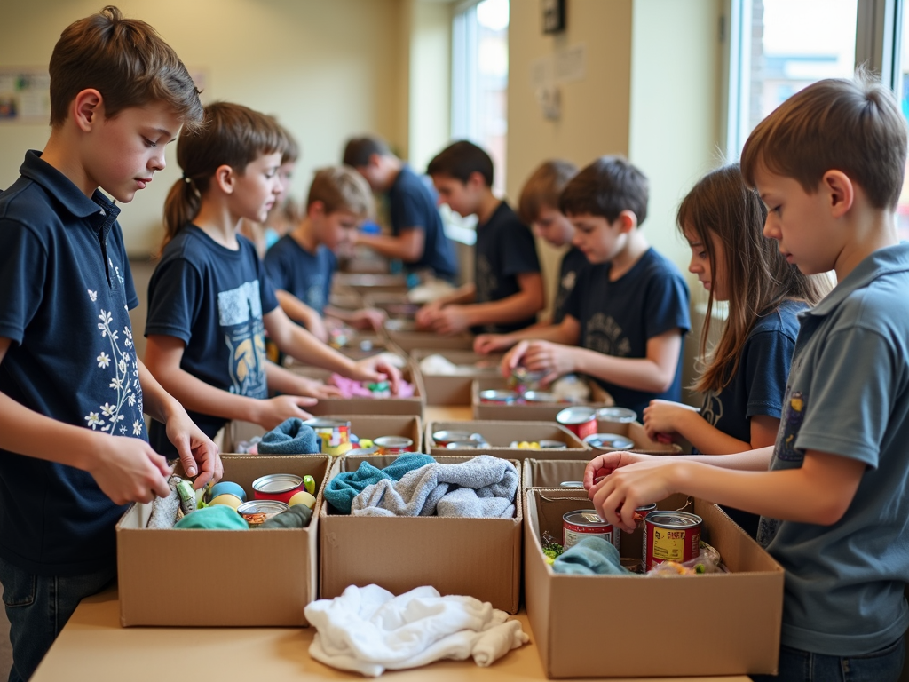 Youth volunteers sorting donations for a local charity