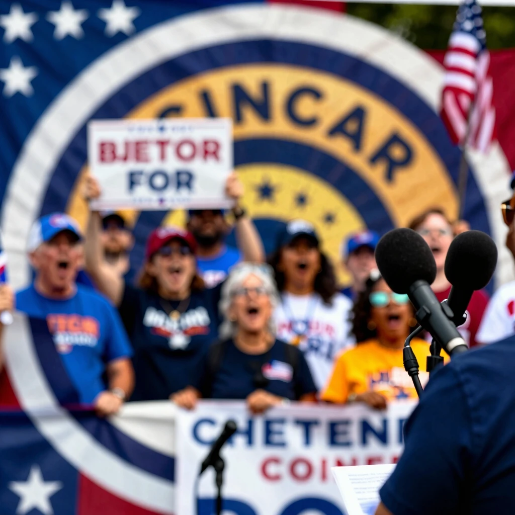 Volunteers and supporters at a vibrant political campaign rally