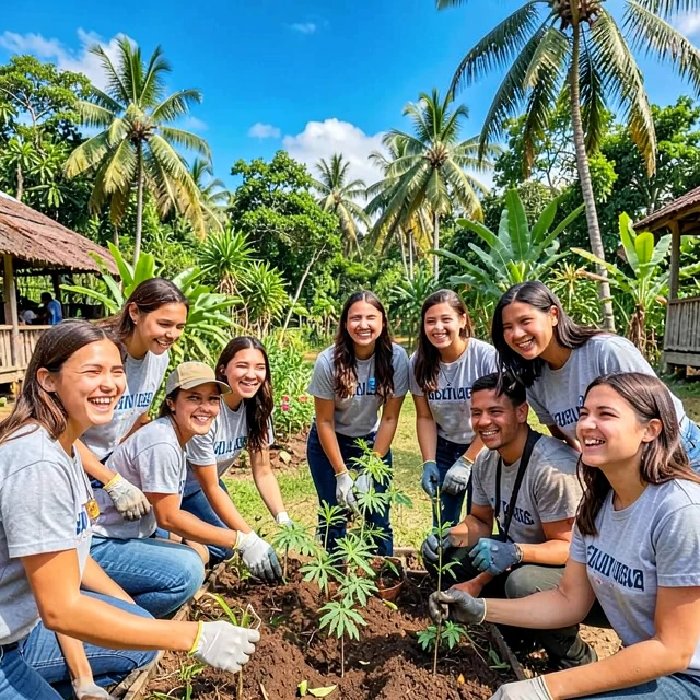 College students volunteering abroad in a community project