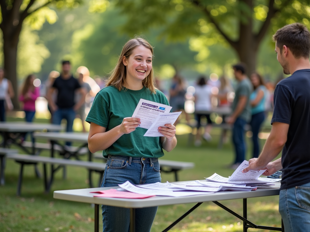 A volunteer handing out flyers in a park.