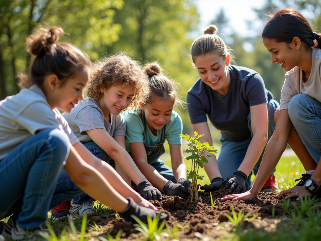 Students planting trees with a community member in a park.