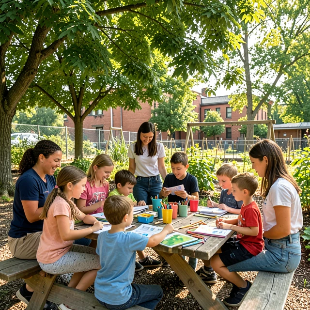 Volunteers leading a service learning activity with children in a community setting