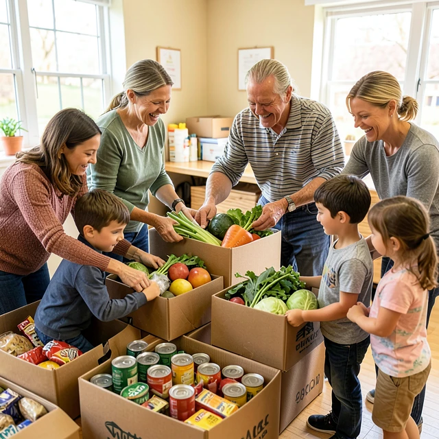 Family volunteering at a local food bank sorting donations