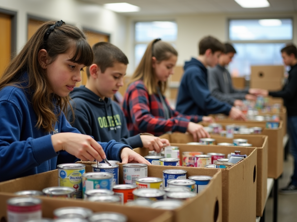 Middle school students volunteering at a food bank as part of a service learning project.