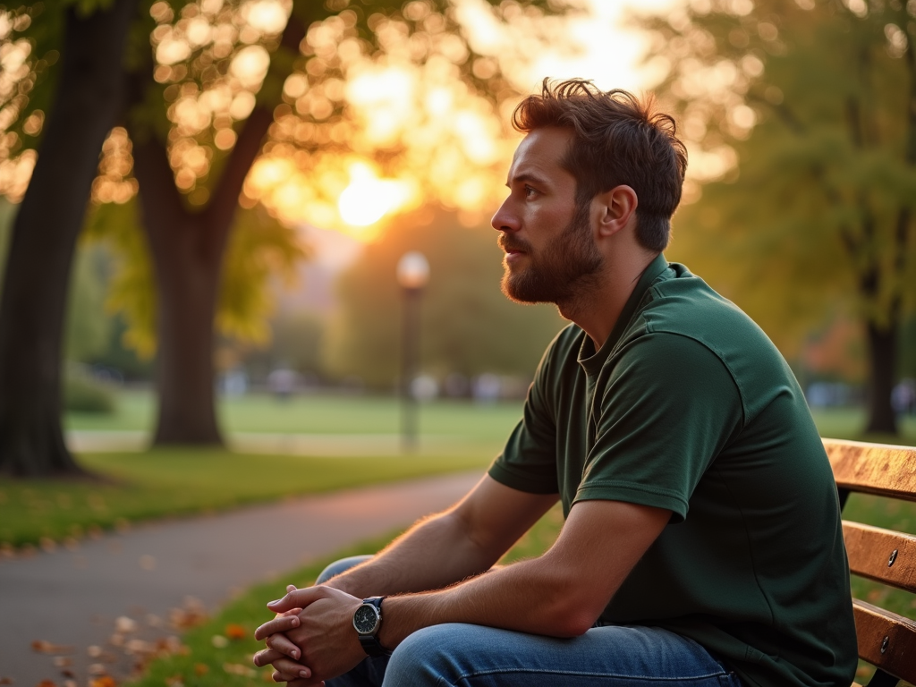 A volunteer reflecting on their experiences in a peaceful park.