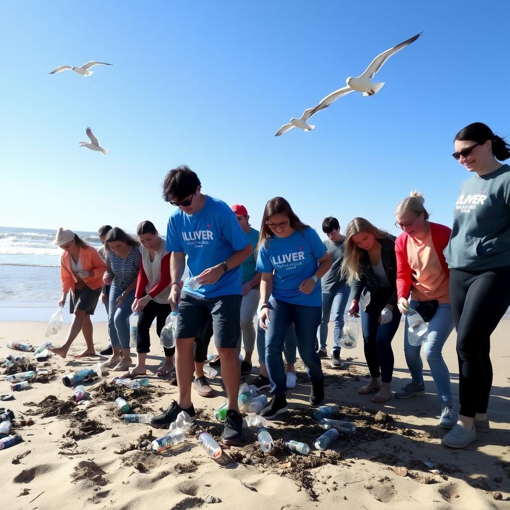 Volunteers cleaning a beach, collecting plastic waste to protect the environment.
